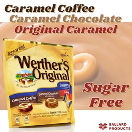 Werther's Original Sugar Free Assorted Candy Pack of 2 Bags of Hard Candy (7.7oz Each) - 3 Flavors: Coffee, Chocolate, Caramel - Bundle with Ballard Products Pocket Bag