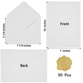 50 Pack White A7 Envelopes with Cards 5x7 Thick Folded Cardstock and Gold Stickers for Greeting Cards, Wedding, Birthday, Invitations, Baby Showers (White, 5x7)
