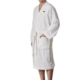 Lacoste Classic Pique Bath Robe, 100% Soft Cotton Terry, Unisex Bathrobe for Adult Women & Men, Luxury Robe for Spa, Super Absorbent & Quick Drying, One Size Fits Most, White