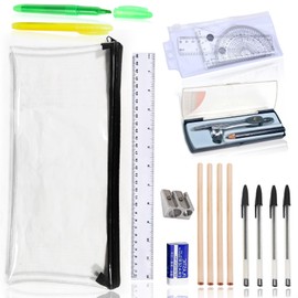 18 PCS School Stationary Sets, Back to School Stationery Set, Exam Stationery Set, Assorted Stationery Pack with 4 Graphite Pencils, 4 Pens, 2 Highlighter, Eraser & Sharpener, Compass, Pencil Case