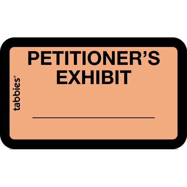 Tabbies Legal Exhibit Labels, Label: 1-5/8"W x 1"H, Sheet: 5-1/4"W x 3-1/4"H, Orange, PETITIONER'S Exhibit" 252 Label/Pack (58026)