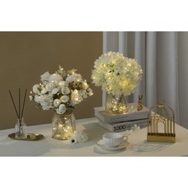 KELINGO Aitificial LED White Rose Flowers with Glass Vase, Flower Arrangement for Table Centerpiece, Home Office Wedding Decoration