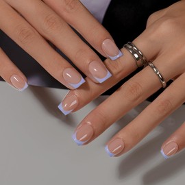 KQueenest Press on Nails Short French Tip - 30 Pieces Purple Nails for Sticking, Short Square, French Tip Fake Nails with Glue, Square Artificial Nails Set for Women