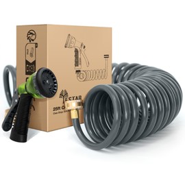 YESTAR Coil Hose 25/50/75FT EVA Coil Garden Hose With 3/4'' Brass Connector Coiled Water Hose Lightweight And No Kink Includes 7 Patterns Spray Nozzle For Outdoors Lawn Watering Car Washing