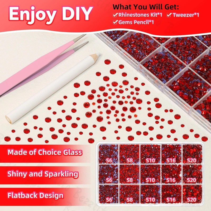 15000Pcs Red Flatback Hotfix Rhinestones for Bedazzling, Red Hotfix Gems