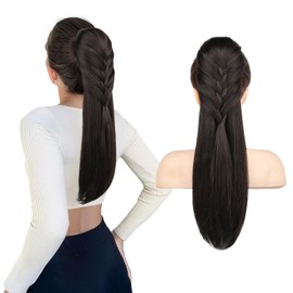 HOOJIH Ponytail Extension, 20 Inch Long Braid Drawstring Clip in on Ponytail Hair Extensions Synthetic Hairpiece for Women - Black Brown