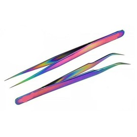 2 Pcs Rainbow Stainless Steel Tweezers for Eyelash Extensions, Straight and Curved Tip Tweezers Nippers, False Lash Application Tools