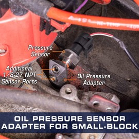 GlowShift Oil Pressure Sensor Adapter Compatible with Chevy Small Block 305/350 - Features (3) 1/8-27 NPT Female Threads - (2) 90 Degree & (1) 45 Degree Sensor Ports