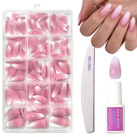 Almond False Nails Set - Ombre Fake Nails with Glue - 150Pcs Medium Press on nails - 15 Size Pink Stick on Nails - Full Cover Nail Tips and Glue for Women DIY French Nail Art Home