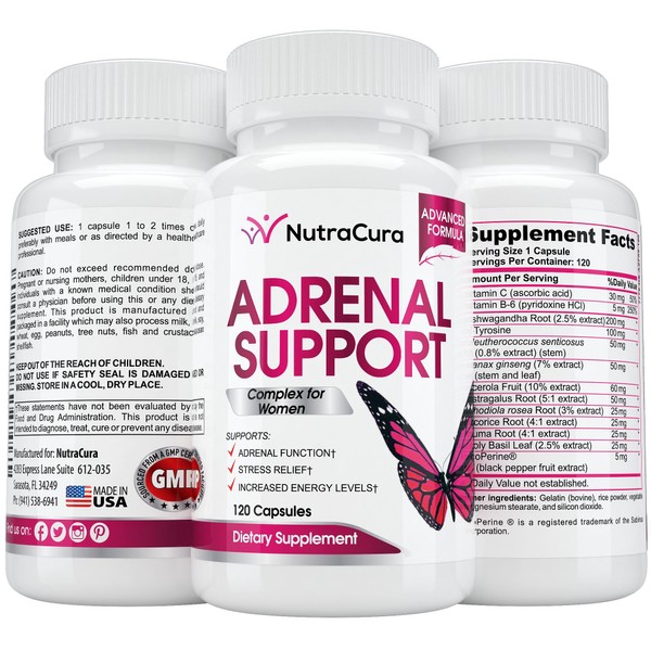 NutraCura Adrenal Support for Women - Adrenal Fatigue Supplement - Cortisol Manager - A Complex Formula of Natural Ingredients, Includes Ginseng, Tyrosine, Ashwagandha Rhodiola Rosea. 120 Capsules