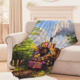 Lugiu Floral Steam Train Blanket, Lightweight Comfy Vintage Locomotive Blankets & Flower for Couch Sofa Bedroom, Soft Plush Travel Flannel Throw Blanket Gifts for Adults Kids Women, Home Decor 60×50in