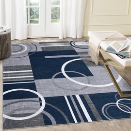 RUGSREAL Large Area Rug 8x10 Modern Geometric Entryway Rug Low Pile Thin Rug Non Slip Throw Rug Foldable Accent Rug Indoor Floor Cover for Bedroom, Navy