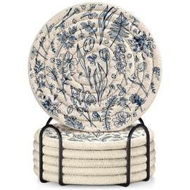 Kokaaee Cup Coasters for Drinks Absorbent - for Coffee Wooden Table Office Cute Farmhouse Outdoor Rustic Desk Kawaii Woven Women Soft Cloth Braided Fabric Floral Flower Coaster Set of 6 with Holder
