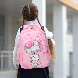 Kimwadalh Cute Cat Backpack for Girls Unicorn School Bag Girls Elementary Bookbag Children 3 in 1 Backpack Set,Kids Rucksack with Lunch Bag, Pen Bag
