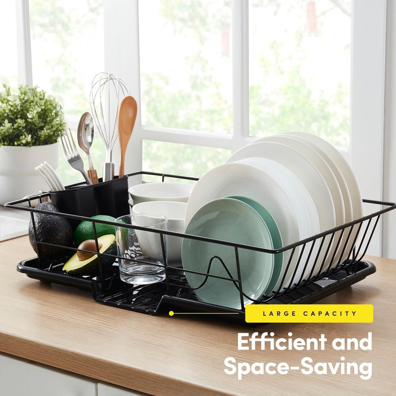 Space-Saving 3-Piece Dish Drainer Rack Set with Cutlery Holder -