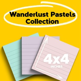 Post-it 100% Recycled Paper Super Sticky Notes, 2X The Sticking Power, 4x4 in, Lined, 3 Pads, 70 Sheets/Pad, Wanderlust Pastels Collection (675R-3SSNRP)