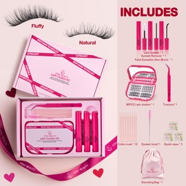 Lash Clusters Kit with Bond and Seal, Left & Right Lash Extension Set, Eyelid Wipes Remover, Eyelash Brush, Drawstring Bag - Portable Gift Set