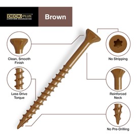 Deck Plus 4 Inch Epoxy Coated Exterior Wood and Fence Screws #10 x 4 Torx/Star Drive Included Coarse Thread, Outdoor Rust Resistant Decking Screw, Brown, 5 lb Box, 215 Pieces | 49014