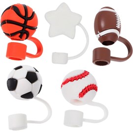 Cabilock Tapas para Pajitas de Silicona Deportivas 5 Piezas, Protectores Antipolvo Diseño de Baloncesto, Fútbol, Béisbol, Tenis y Estrella en Color, Accesorios Reutilizables para