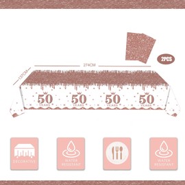 yayafunfun 2Pcs 50th Table Cloth Rose Gold, 50th Birthday Table Decoration,Happy Birthday Tablecloth for Her Women,137 * 274cm Plastic Tablecloths Table Cover for Her Birthday Dinnerware Supplies ﻿