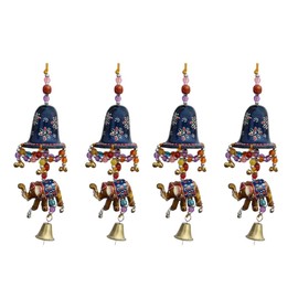 Handicrafts Paradise Door Hanging Blue Painted Bell with Jhalar Golden Elephant with Metal Bell Set of 4