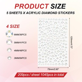 PATIKIL 1045pcs Acrylic Gem Stickers 4 Size 3/4/5/6mm Self Adhensive Rhinestone Face Gem Stone Bling Jewelry Nail Art Craft Outfit DIY Makeup Decoration Party AB White
