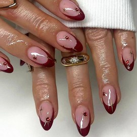 MISUD Almond Press on Nails Medium Fake Nails Glossy Glue on Nails Wine Red French Tip Acrylic Nail Supplies Stiletto Artificial Nail Art Rhinestone Stick on False Nails with Design DIY 24 pcs