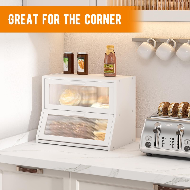 GHWIE Double Layer Bamboo Bread Box for Kitchen Counter,Large Capacity