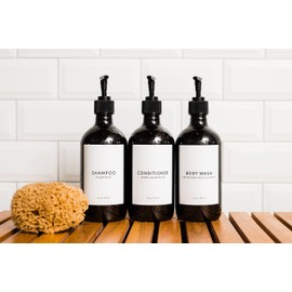 The Little Spruce Reusable Shampoo and Conditioner Dispenser, Set of 3, 16 oz Pump Bottle Dispenser for Shampoo, Conditioner, Body Wash, Minimalist Labels, Amber Soap Dispenser (Plastic Pump)