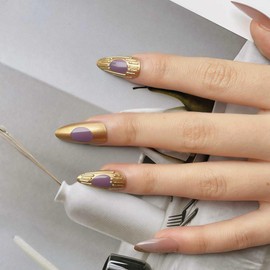 GCSQW Press On Nails Almond - Medium False Nails with 3D Sculpting Metallic Design, Gold Glossy Fake Nails with Jelly Glue, 24 Pcs Reusable Stick on Nails for Coquette Women Girls