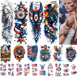 CUTELIILI Independence Day Temporary Tattoos, USA Flag Patriotic Waterproof Fake Tattoos, Red White Blue Party Supplies Temp Tattoo Kits 4th of July Memorial Day, Veterans Day, Summer Festivals