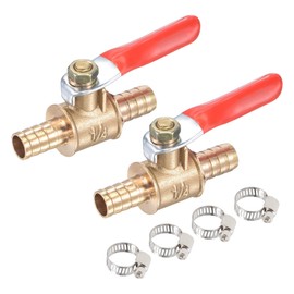 sourcing map Brass Air Ball Valve Shut Off Switch 8mm Hose Barb to 8mm Hose Barb with Clamps Red Handle 2Pcs