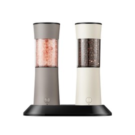 Gravity Electric Salt and Pepper Grinder Set – Rechargeable Pepper Mill with USB-C Charging Base, Dual LED Light, Automatic One-Handed Mill for Kitchen & Cooking, Cream Brown Design, 2 Pack