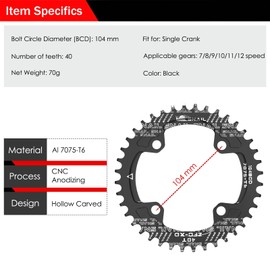 BESNIN Chainring 104 BCD Chainring 30T 32T 34T 36T 38T 40T 42T 44T 46T 48T 50T 52T Narrow Wide Tooth Round Chainring for 7/8/9/10/11/12 Speed MTB BMX Road Bike (Black, Round 40T)