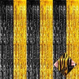 4 Pack 3.2Ft x 6.6Ft Black Gold Foil Fringe Curtain Backdrop, Metallic Tinsel Foil Fringe Streamers Curtains Background for Photo Booth, Birthday, Wedding, Graduation, Carnival Party Decoration