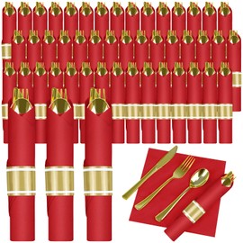 Pre Rolled Gold Plastic Silverware with Red Napkins, 100Pack Red Wrapped Cutlery with Napkin, Heavy Duty Prerolled Plastic Silverware, Rolled Cutlery with Christmas Napkins for Holiday