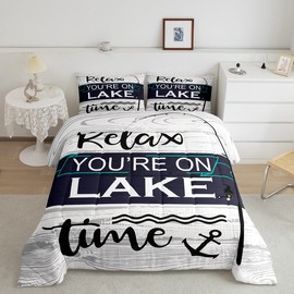 Erosebridal Lake House Comforter Set, Rustic Farmhouse Bedding Set Queen, Wooden Plank Country Duvet Insert Gift for Lake Lover, Boating Fishing Rod Down Comforter for Kids Teens Adult Bedroom Decor