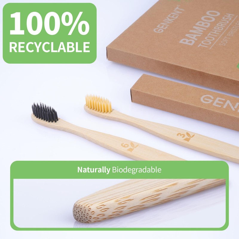 GENKENT 12 Counts Bamboo Toothbrushes Eco Friendly Natural Charcoal Toothbrushes