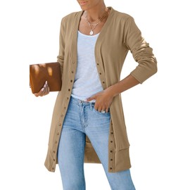 MEROKEETY Women's 2025 Fall Long Sleeve Snap Button Down Solid Color Knit Ribbed Neckline Cardigans, Khaki, L