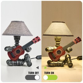 Music Guitar Table Lamp Art Decor Guitar Stuff Cool Gifts for Music Lovers Microphone Players for Men Steampunk Pipe Man Edison Bulb Lamps Retro Guitars Metal Pipe Industrial Robot Lights Silver Gray