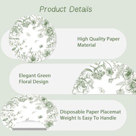 50 Pack Green Floral Paper Placemats 13 Inch Vintage Sage Green Flower Disposable Place Mats Decorative Chinoiserie Round Table Mats for Dinner Table Setting Birthday Wedding Party Supplies