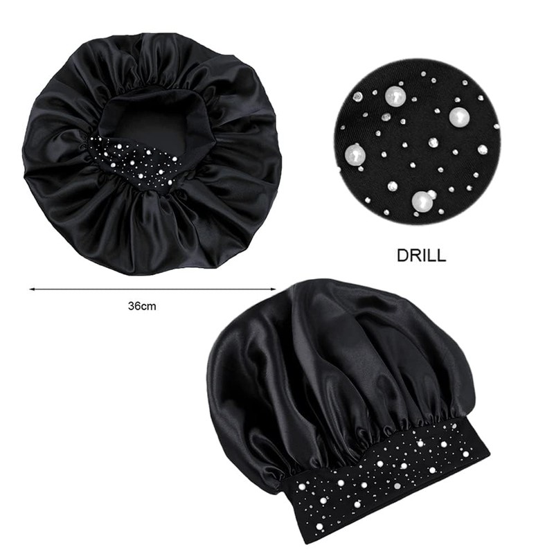 YeeMan Hair Bonnet Glittering Pearls and Rhinestones Satin Bonnet Wide