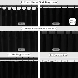 Joywell Textured Linen Pinch Pleated Curtains 108 Inch Long,Back Tab Clip Rings Semi Sheer Light Filtering Drapes with Hooks for Bedroom Living Room Patio Door Nursery,W50 x L108,Black,2 Panels Set