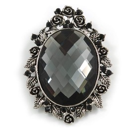 Vintage Inspired Oval Faceted Glass Cameo Brooch in Aged Silver Tone - 60mm Tall