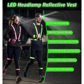 Reflective Vest with LED Headlamp,6 Pack Light Up Reflective Running Gear with Motion Sensor Rechargeable Headlamp ,High Visibility Reflector Armbands for Running,Hiking,Walking,Cycling, Repairing