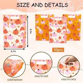 FYSUIMU 50Pcs Fall Candy Bags with Handles Pink Orange Pumpkin Leaves Zip Lock Treat Bags Resealable Plastic Goodie Bag for Autumn Harvest Thanksgiving Party Favors