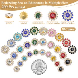 200 Pcs 3 Sizes 10 Mixed Colors Sew on Rhinestones, Crystal Glass with Metal Base Flower Shape Claw Flatback Rhinestones for Crafting, Bedazzling Rhinestones for Clothes Shoes & Sewing Accessories