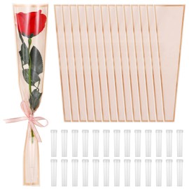 200 Flower Packaging Kit, 100 Pcs Single Flower Sleeves Wrapping Bags with 100 pcs Flower Water Tubes, Single Rose Sleeves Packaging Bags for Mother's Day, Graduation, Wedding, Valentine's Day