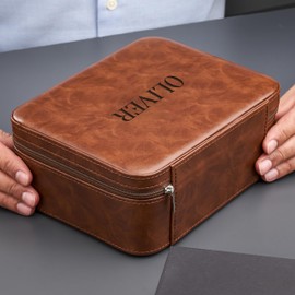 Awesometik Luxury Travel PU Leather Watch Case. Watch Storage Organizer. Watch Display & Watch Holder. Perfect For Watch Collection. Ready to Gift for Men (Brown/Brown, Engraved 3 Slot Watch Case)