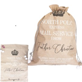 SHATCHI Extra Large Santa Sack 60x80 cm – Hessian Beige North Pole Express Mail Service Stocking Gift Bag with Drawstring, Christmas Accessories